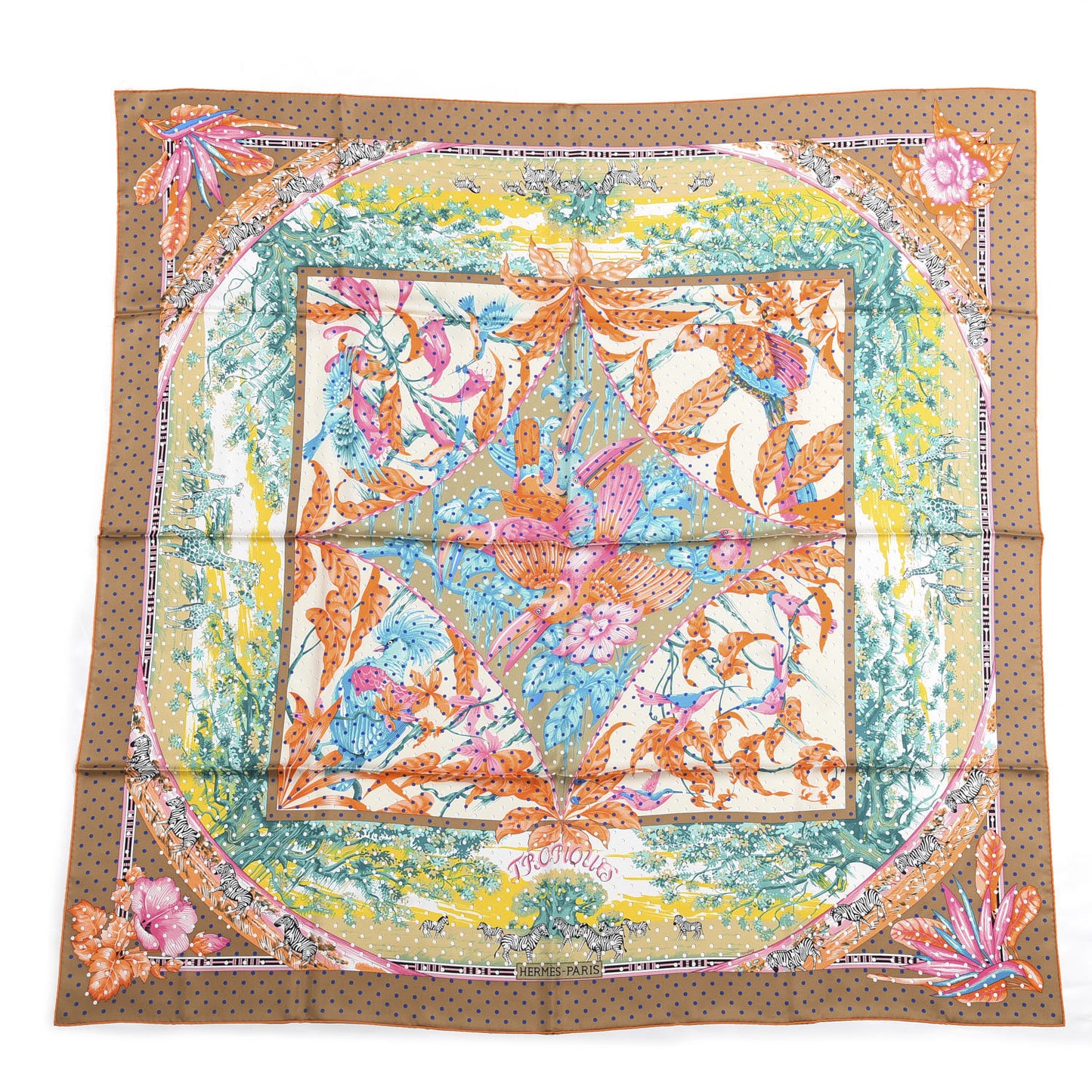 Silk Carre Tropiques Poinconne Shawl 140 Beige Dore Turquoise