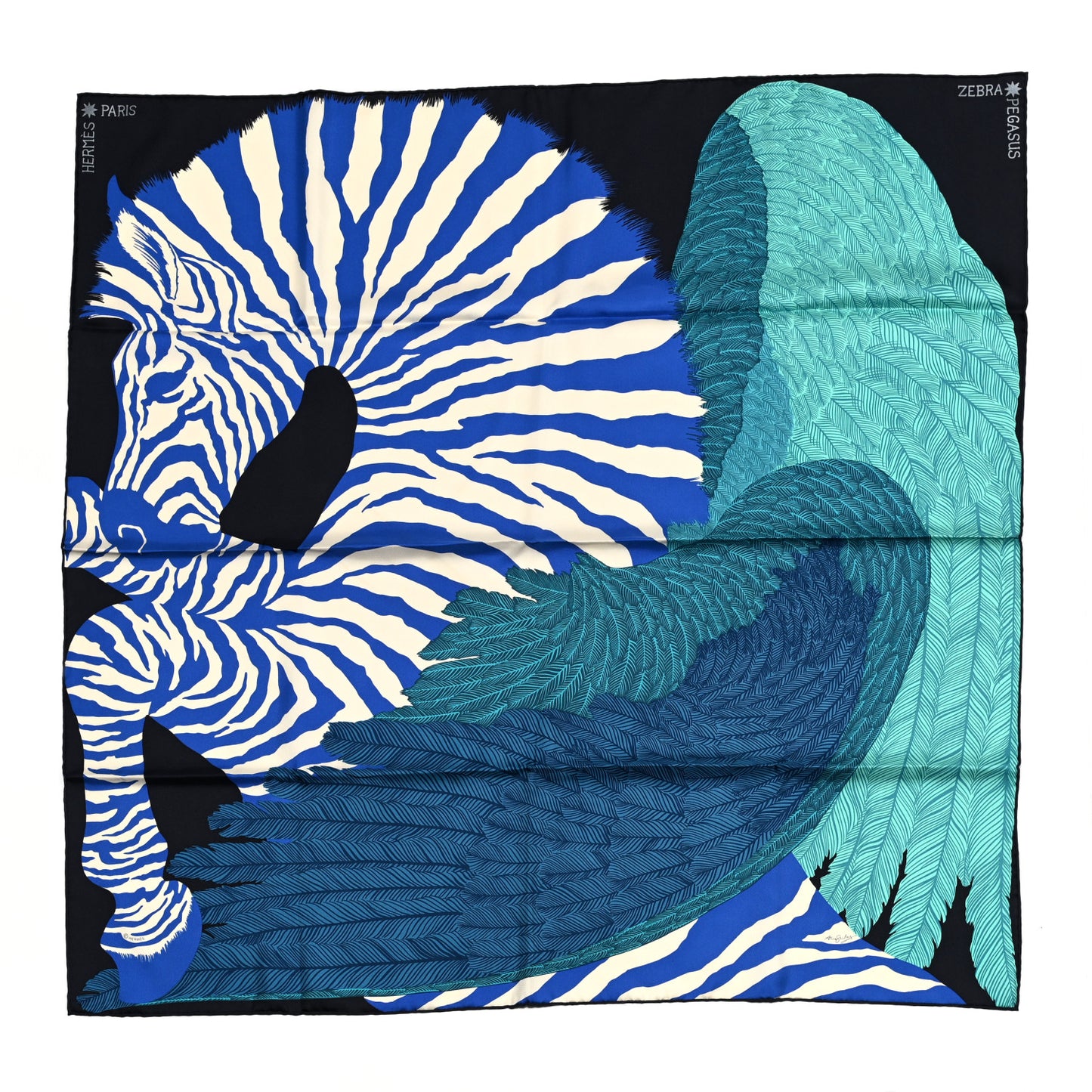 Silk Zebra Pegasus Scarf 90 Caban Turquoise Bleu Klein