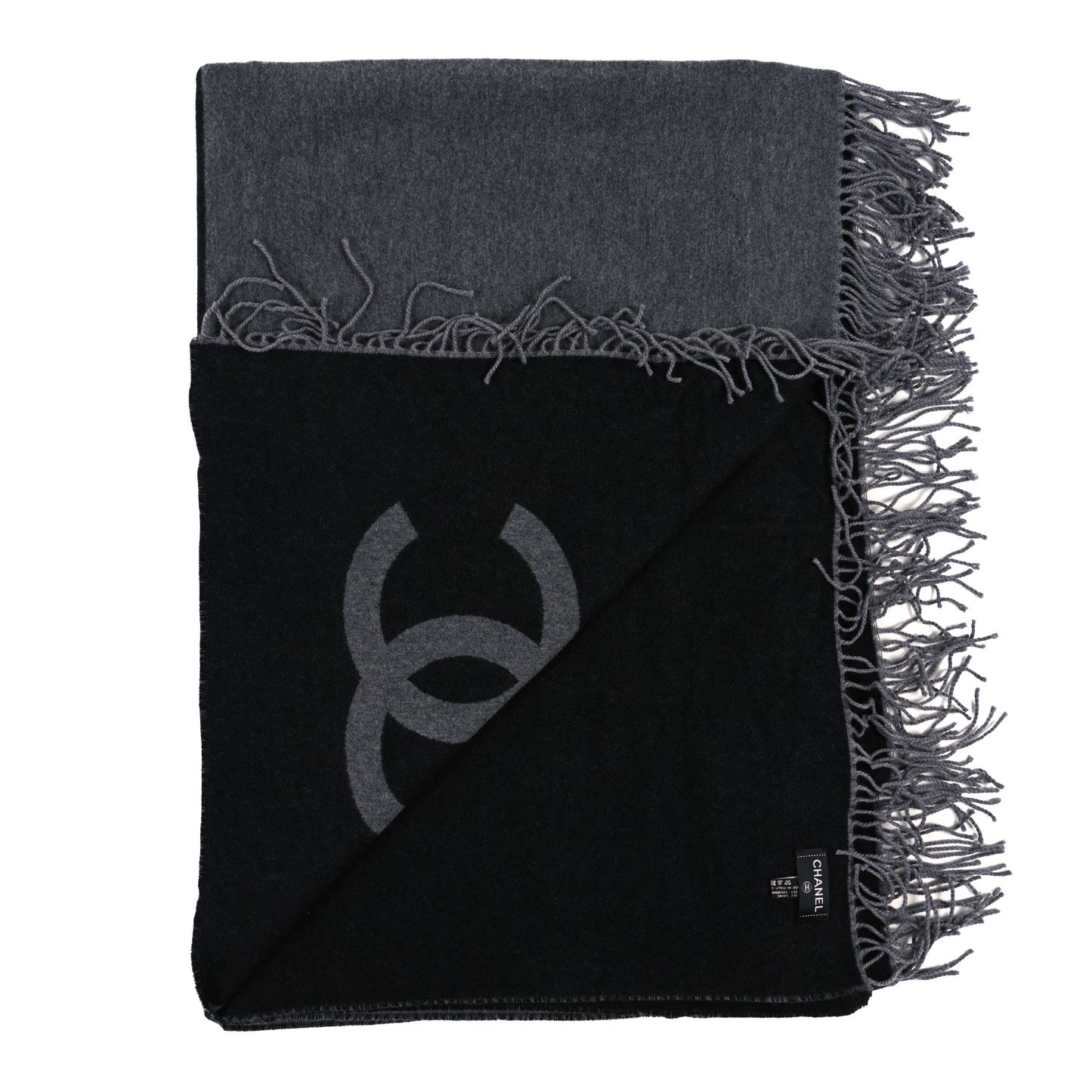Merino Wool Cashmere CC Reversible Fringe Blanket Black Gray