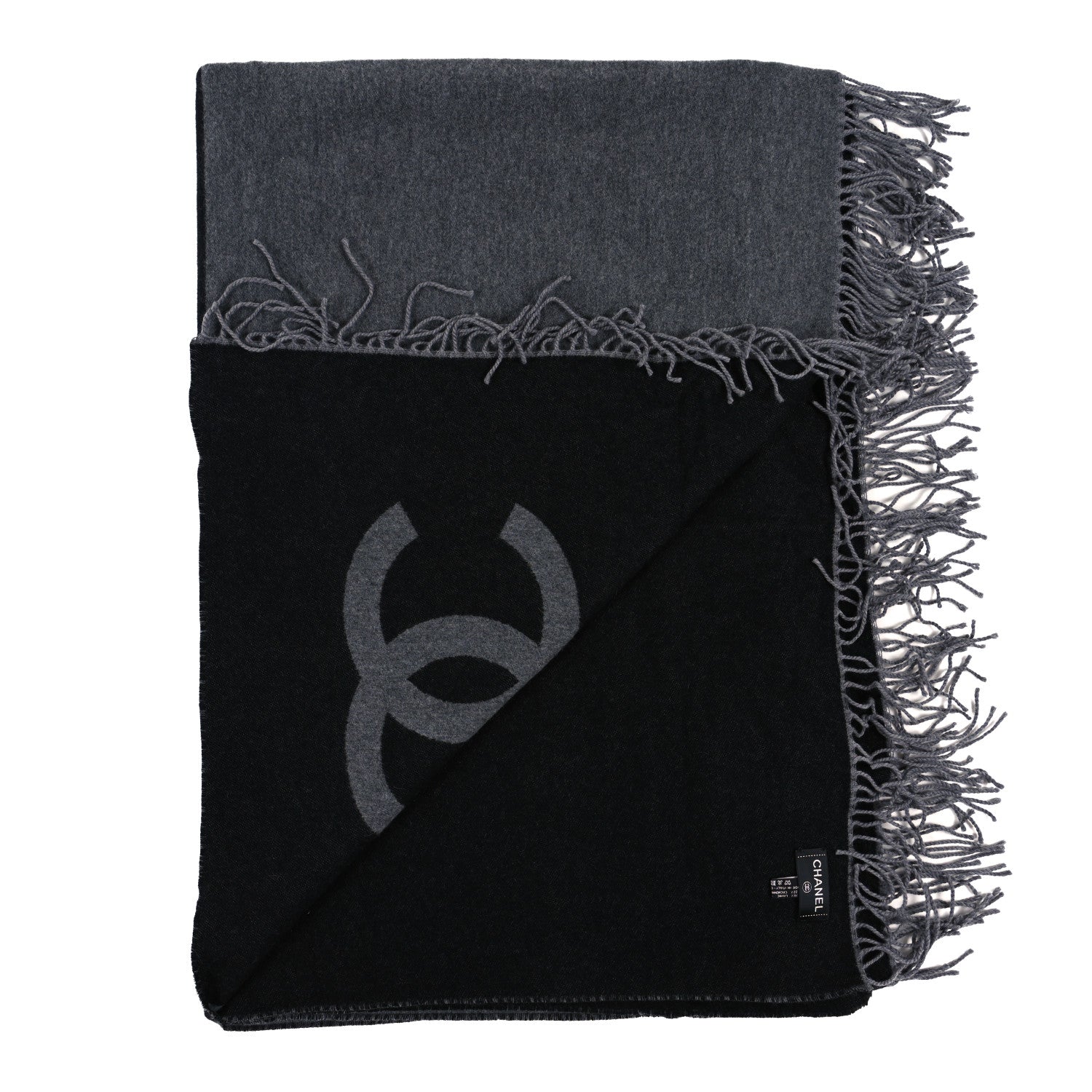 Chanel Merino Wool Cashmere CC Reversible Fringe Blanket Black Gray 2 of 3