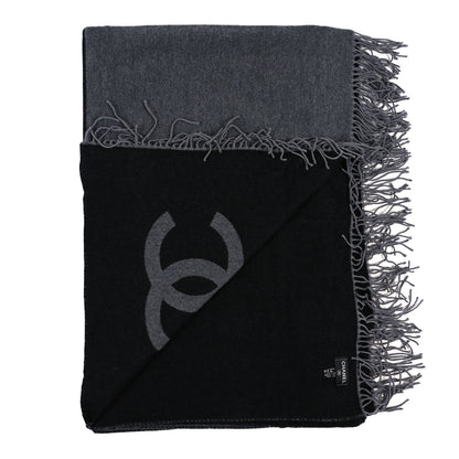 Chanel Merino Wool Cashmere CC Reversible Fringe Blanket Black Gray 2 of 3