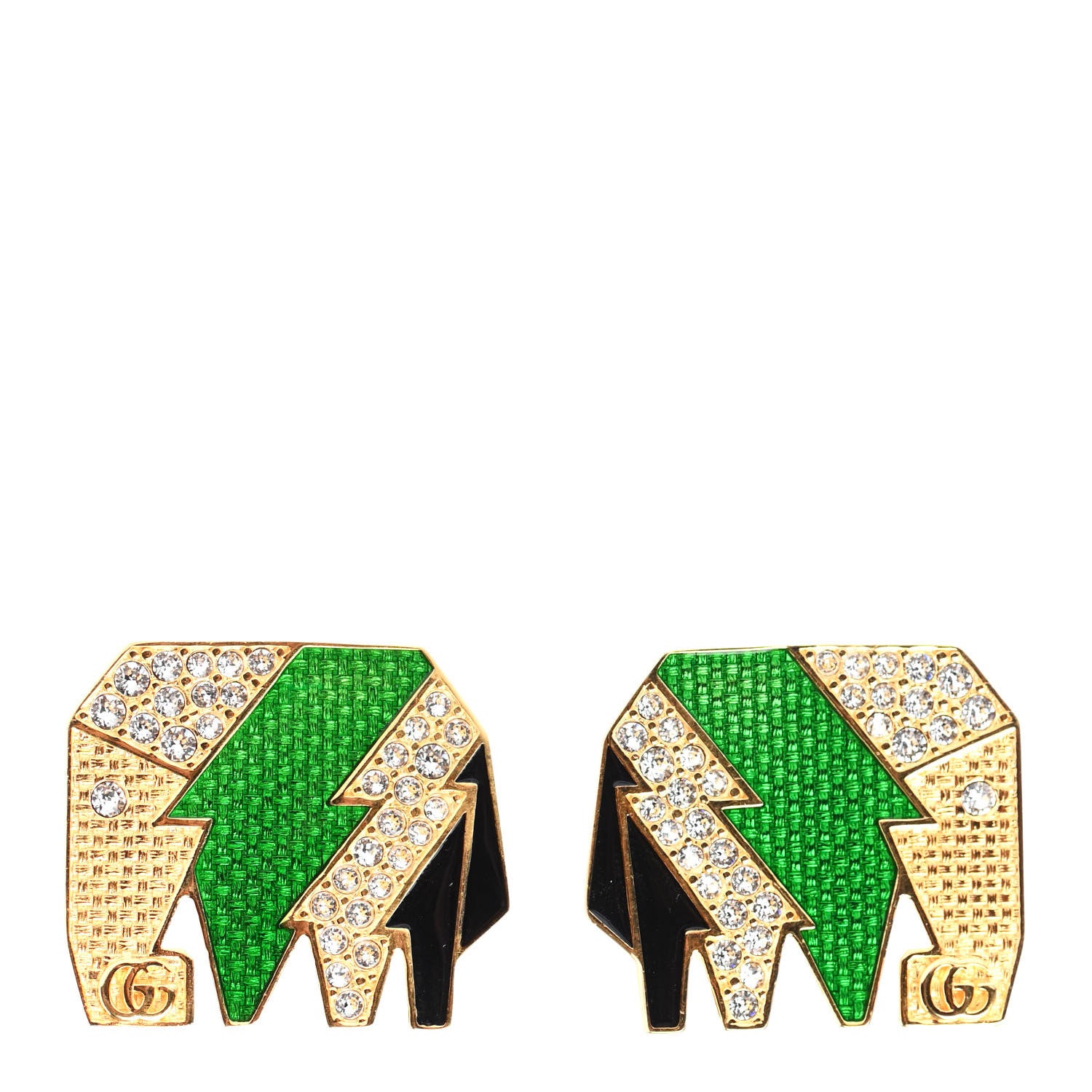 Gucci Metal Crystal Elephant Motif Clip On Earrings Green Gold 1 of 4