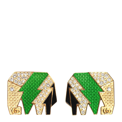 Gucci Metal Crystal Elephant Motif Clip On Earrings Green Gold 1 of 4