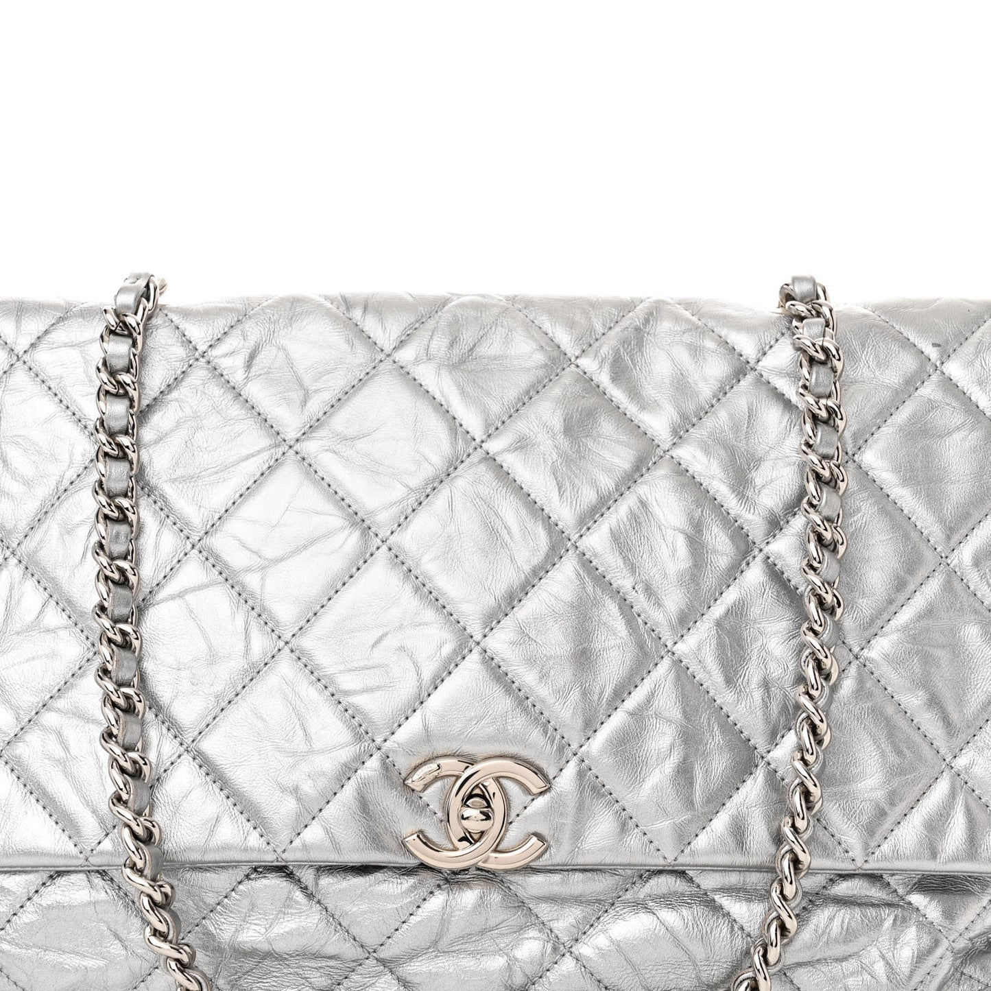 Metallic Crumpled Calfskin Big Bang Large Flap Bag Silver