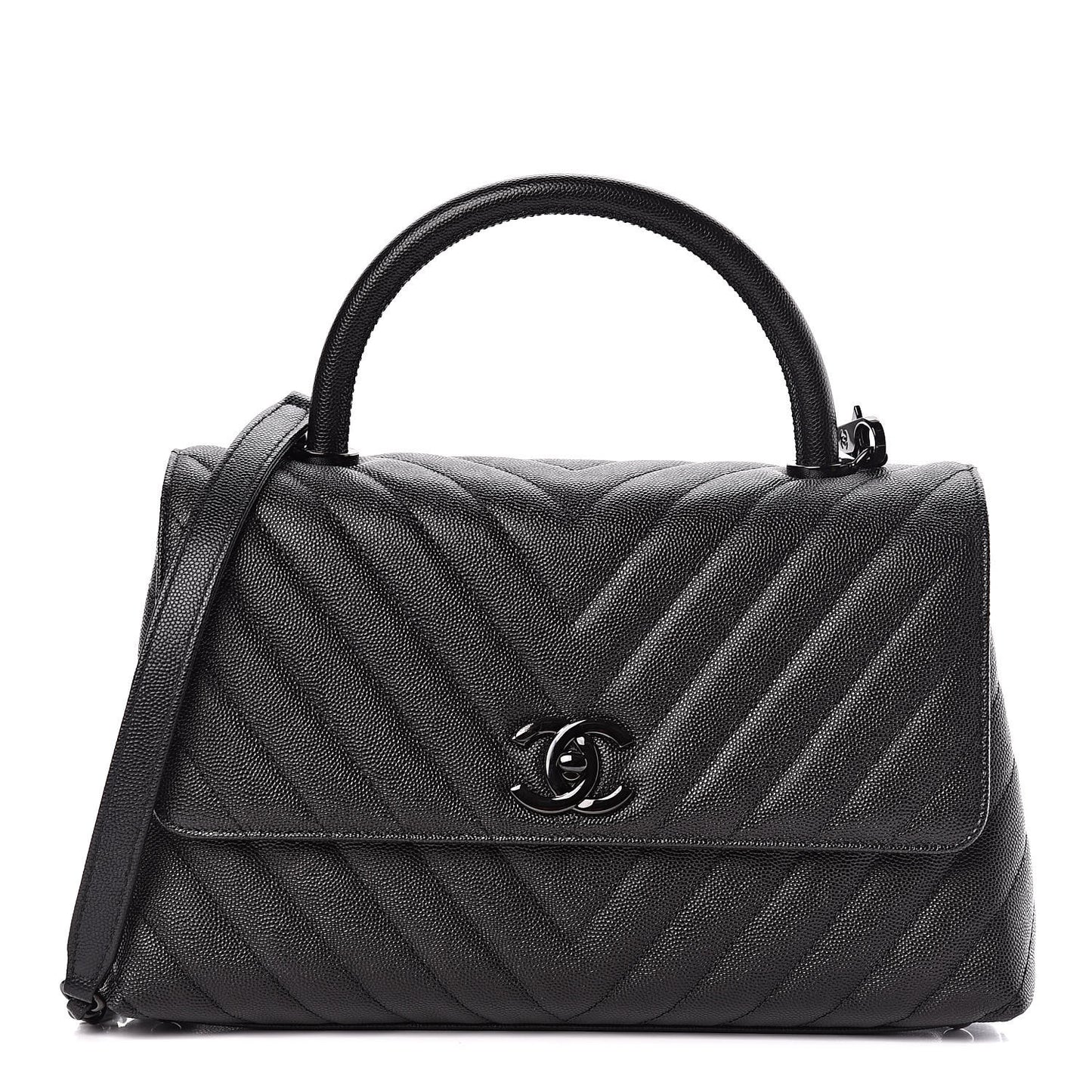 Caviar Chevron Quilted Small Coco Handle Flap So Black