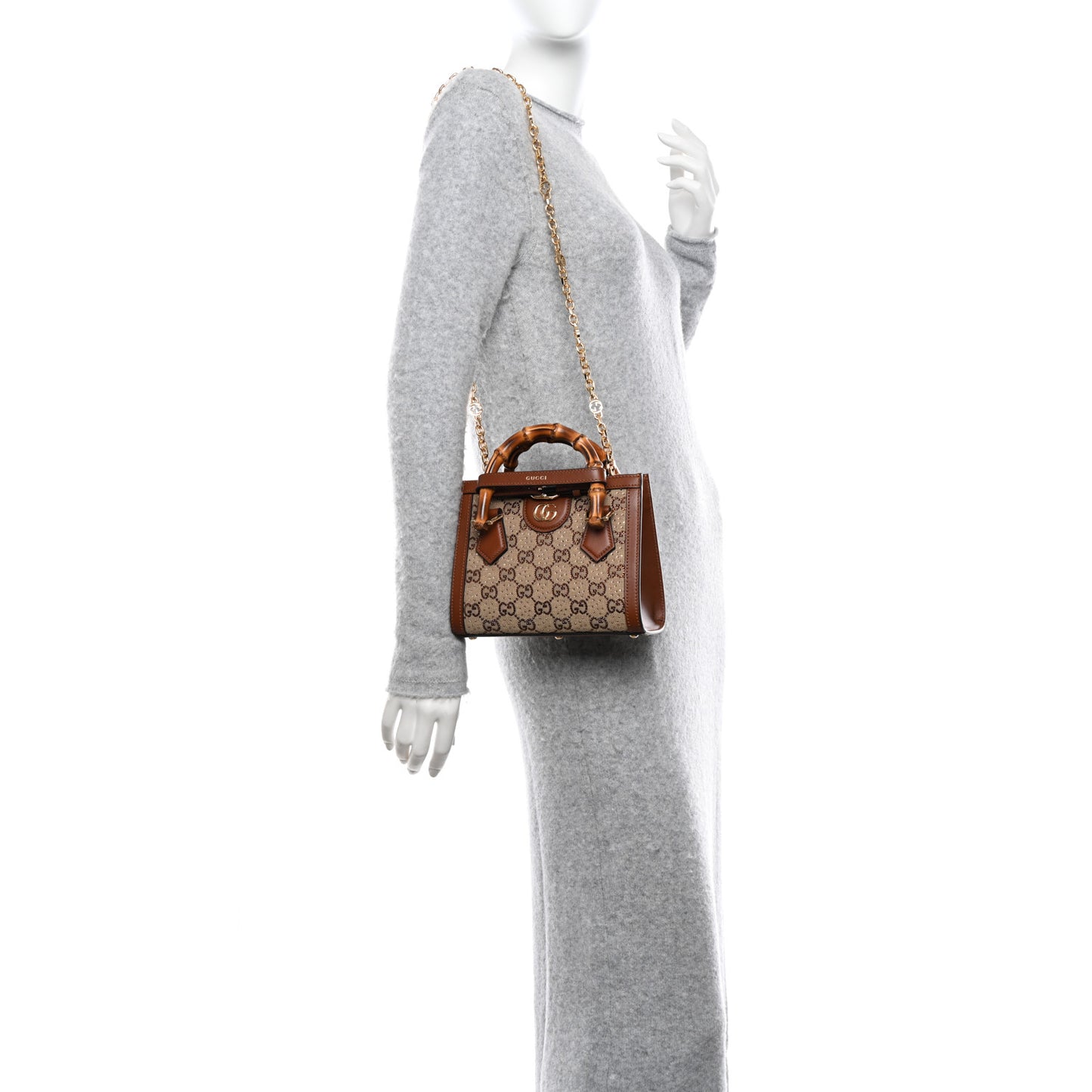 New Canvas Charisma Calfskin Crystal GG Monogram Mini Diana Tote Bag Camel Ebony