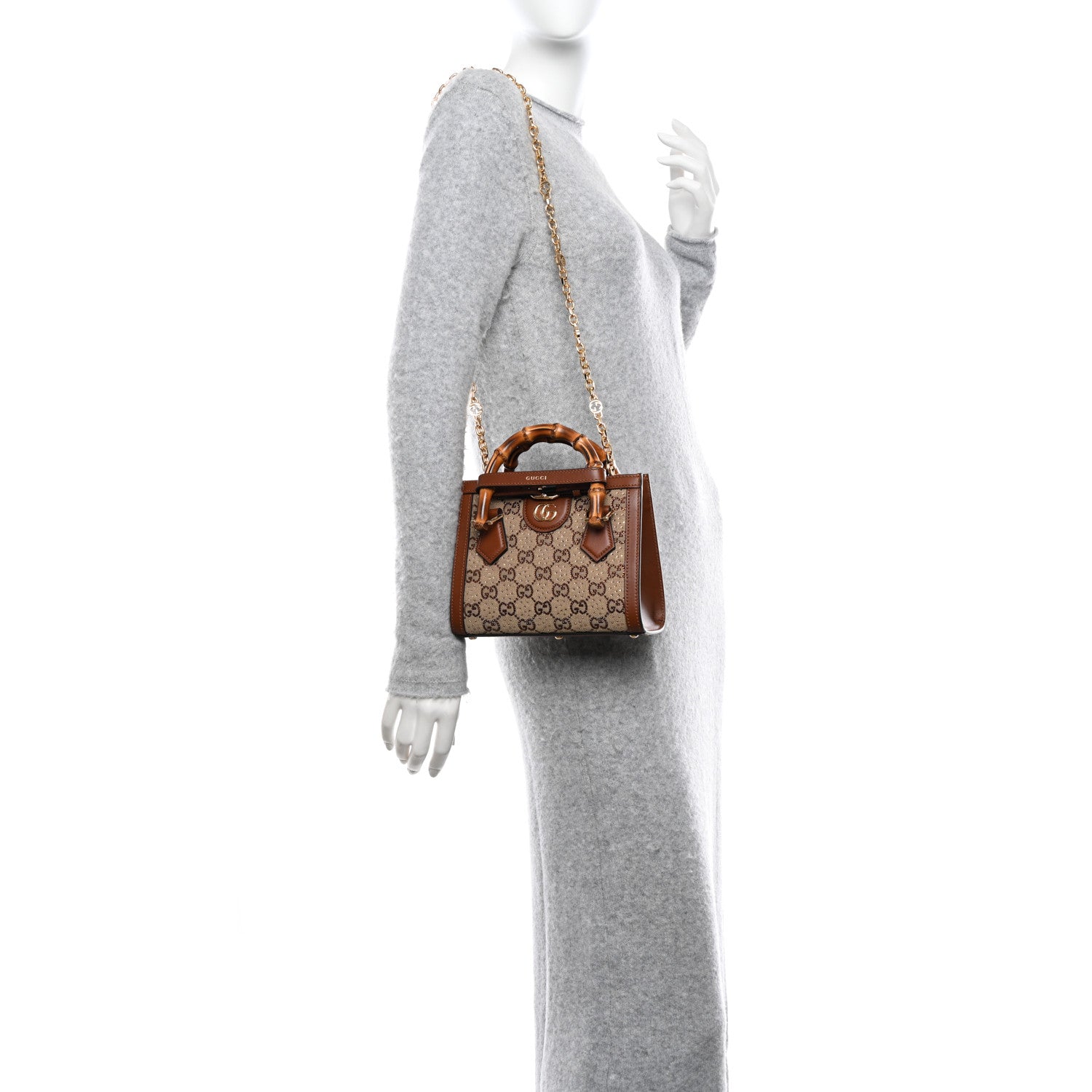 Gucci New Canvas Charisma Calfskin Crystal GG Monogram Mini Diana Tote Bag Camel Ebony 2 of 10