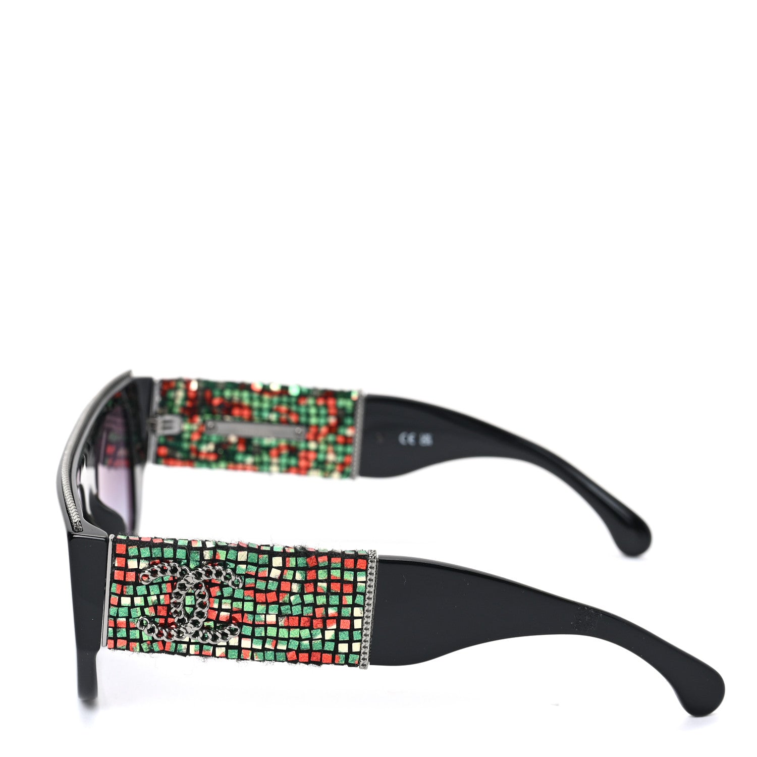 Chanel Acetate Tweed Diamanté Chain CC Rectangle Sunglasses 71549A Black Multicolor 3 of 6