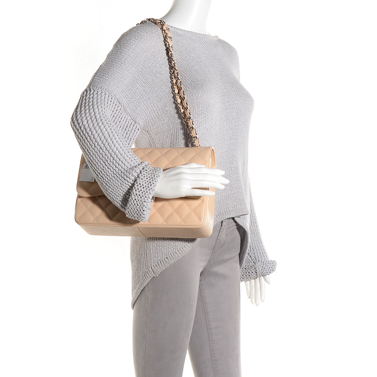 Caviar Quilted Jumbo Double Flap Beige Clair