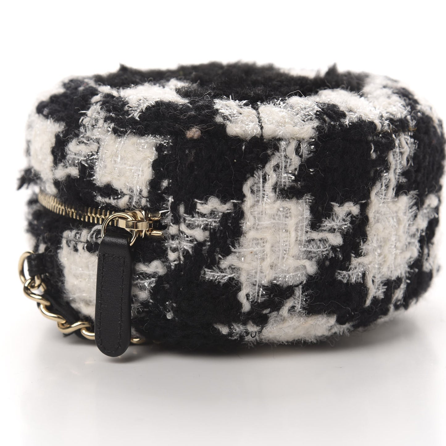 Tweed Shearling Round Clutch With Chain and Coin Purse Black and White
