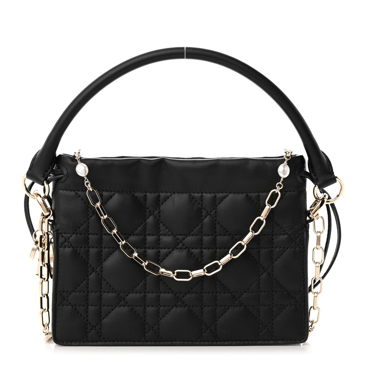 Lambskin Cannage Mini Top Handle Drawstring Bag Black