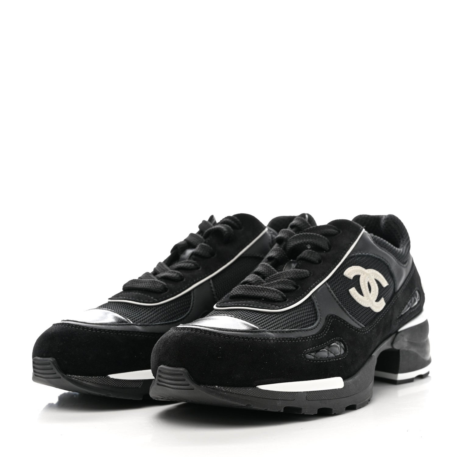 Chanel Mixed Fibers Suede Shiny Calfskin Womens CC Sneakers 39.5 Black 3 of 10
