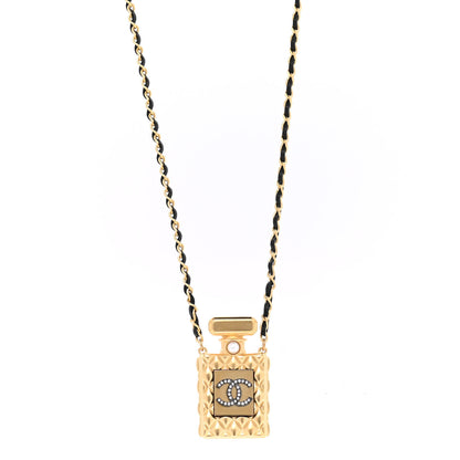 Chanel Crystal Pearl Perfume Bottle CC Necklace Black Gold 1 of 7