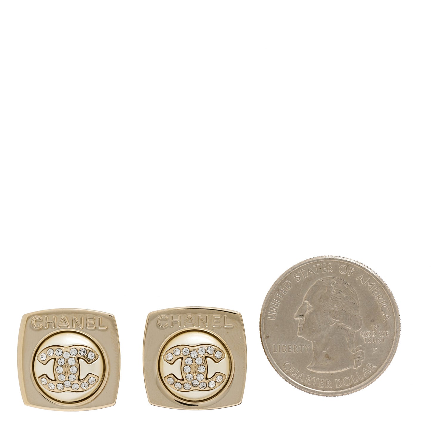 Metal Pearl Crystal CC Logo Square Earrings Gold Pearly White