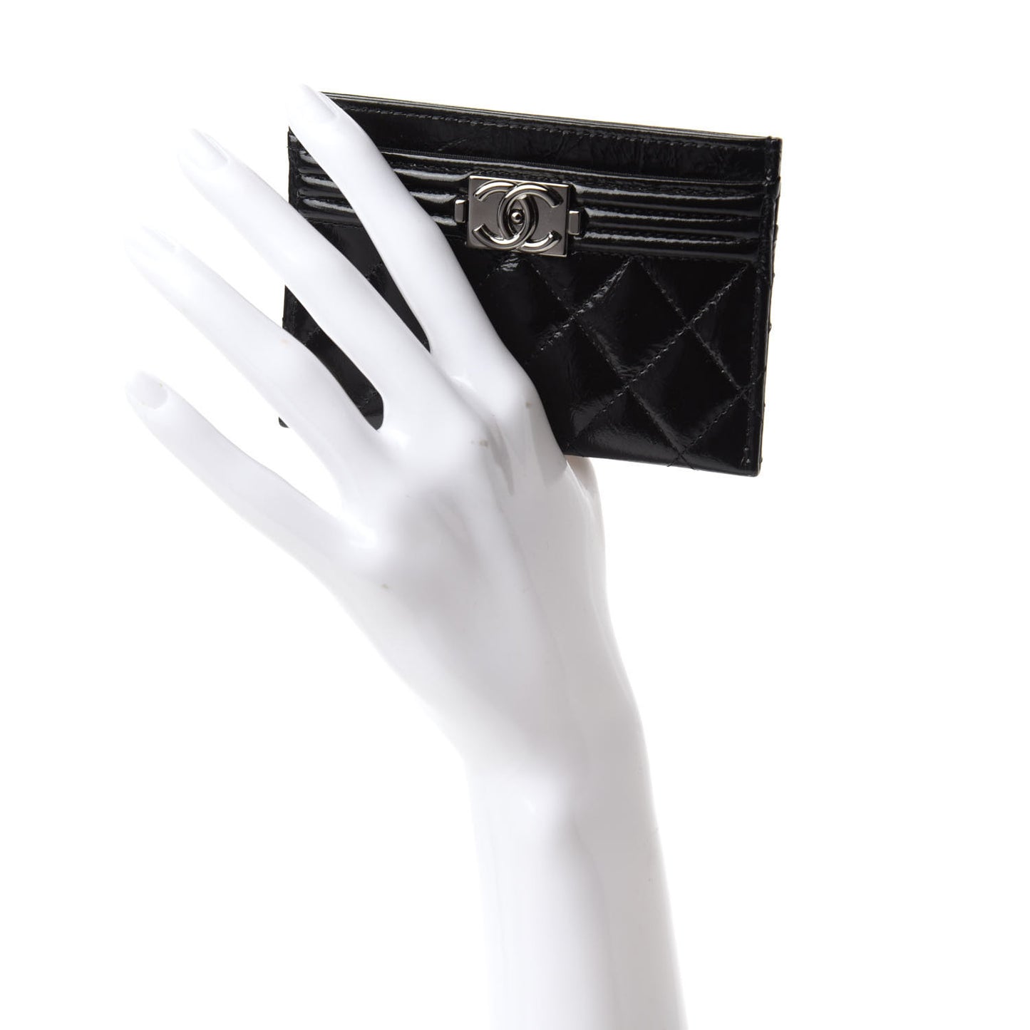 Glazed Calfskin Quilted Boy Card Holder Black