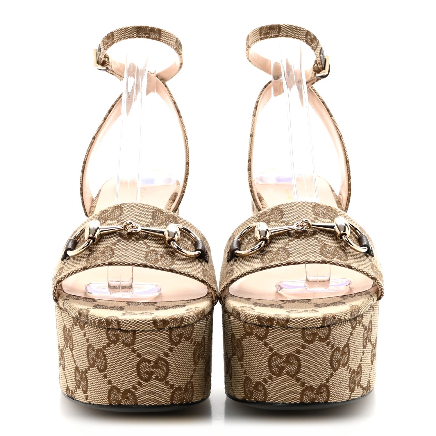 Gucci Monogram Nappa Chalotte Horsebit Ankle Strap 75mm Flatform Sandals 37.5 Beige Ebony 3 of 9