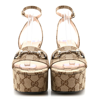 Gucci Monogram Nappa Chalotte Horsebit Ankle Strap 75mm Flatform Sandals 37.5 Beige Ebony 3 of 9