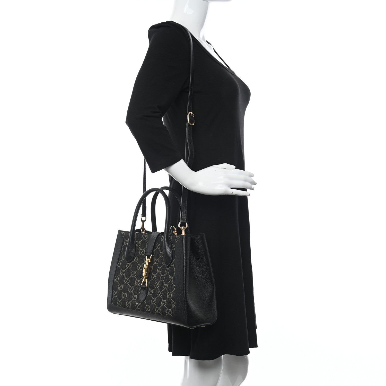 Gucci Jacquard Black Denim GG Monogram Textured Dollar Calfskin Medium Jackie 1961 Tote Black Ivory 2 of 9