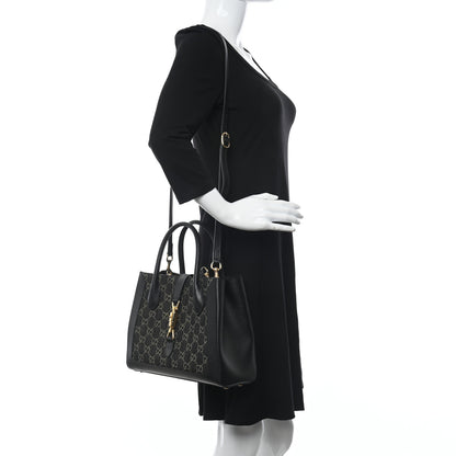 Gucci Jacquard Black Denim GG Monogram Textured Dollar Calfskin Medium Jackie 1961 Tote Black Ivory 2 of 9