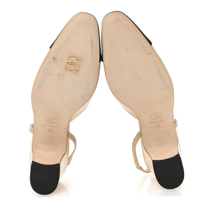 Chanel Goatskin Grosgrain Cap Toe CC Slingback Pumps 39 Beige Black 6 of 9