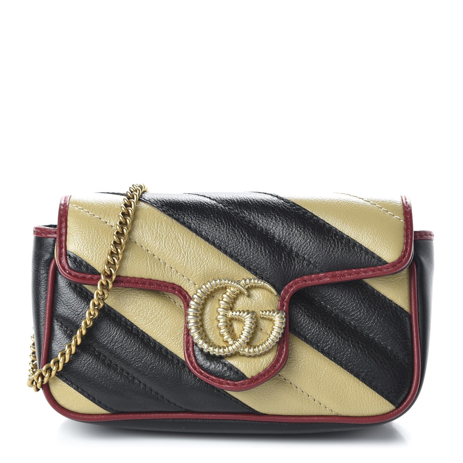 Gucci Vintage Effect Calfskin Matelasse Diagonal Striped Super Mini Torchon GG Marmont Shoulder Bag Black Beige 1 of 10