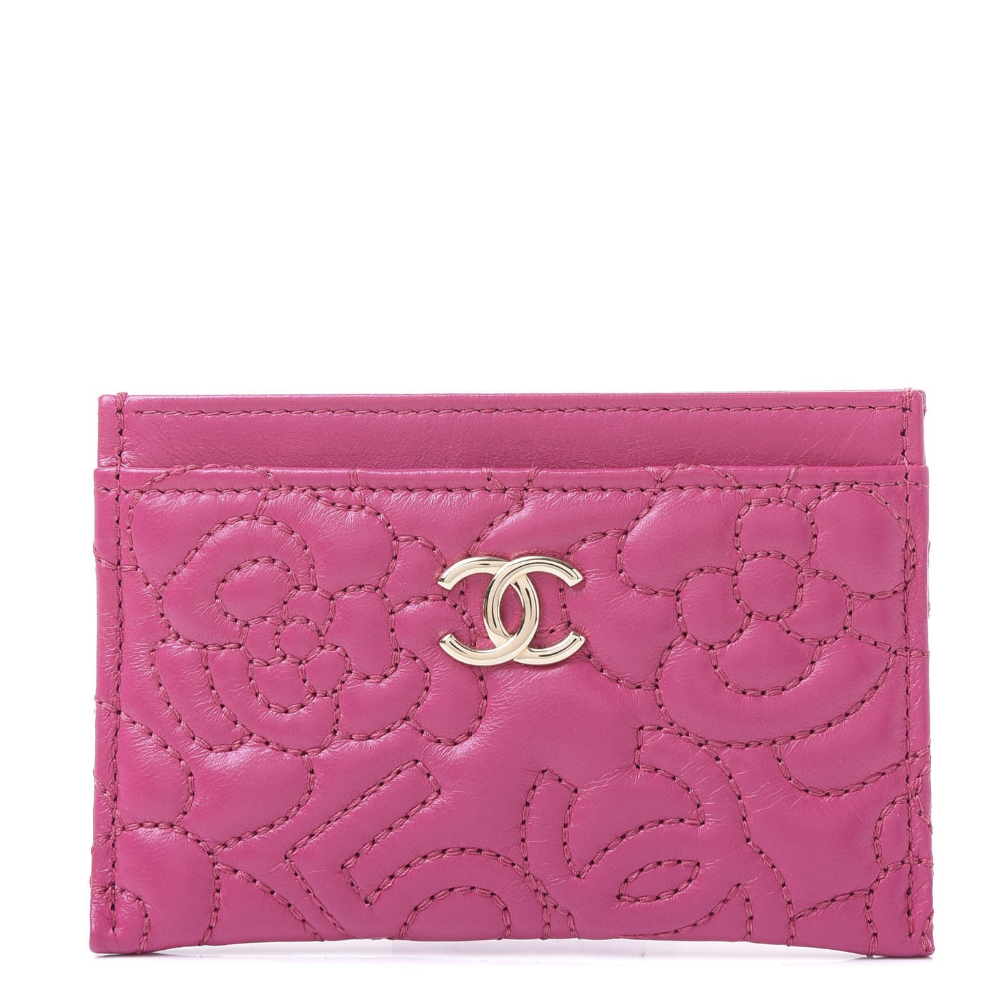 Lambskin Camellia Embossed Card Holder Fuchsia