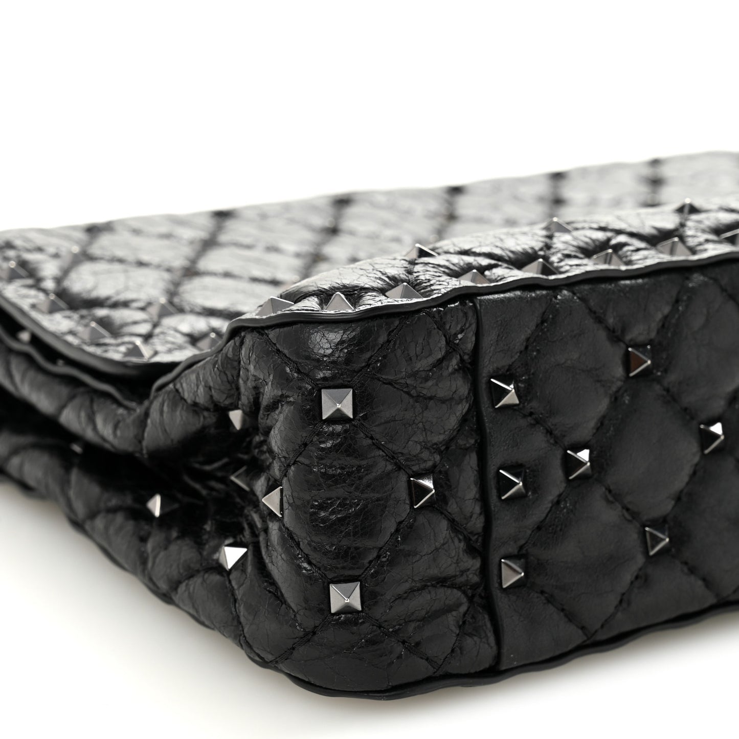Craquele Nappa Medium Rockstud Spike Shoulder Bag Black