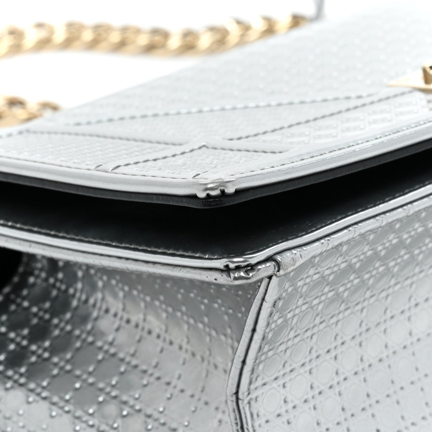 Metallic Patent Micro-Cannage Small Diorama Flap Bag Silver