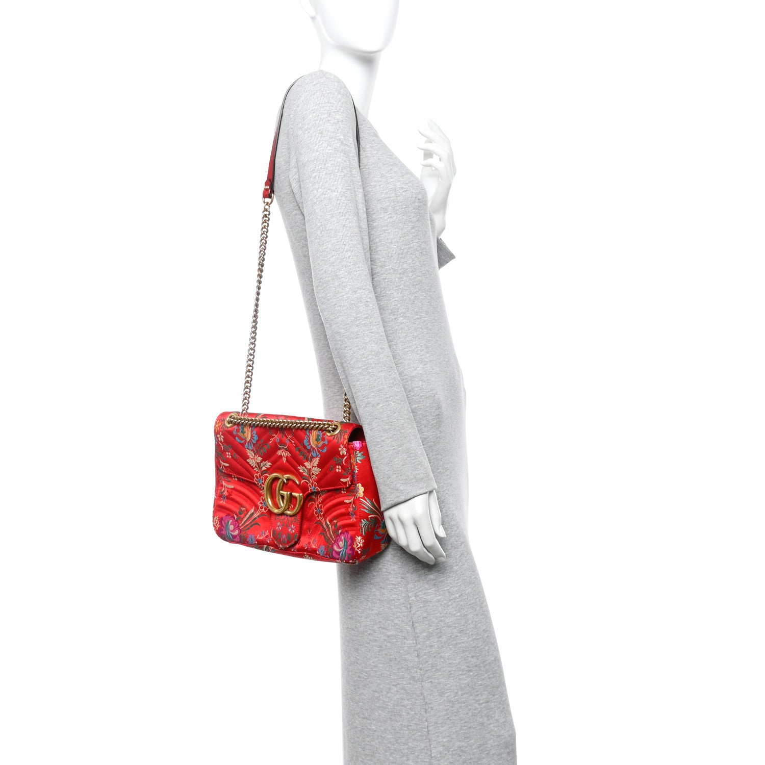 Gucci Jacquard Matelasse Floral Medium GG Marmont Shoulder Bag Red 2 of 15