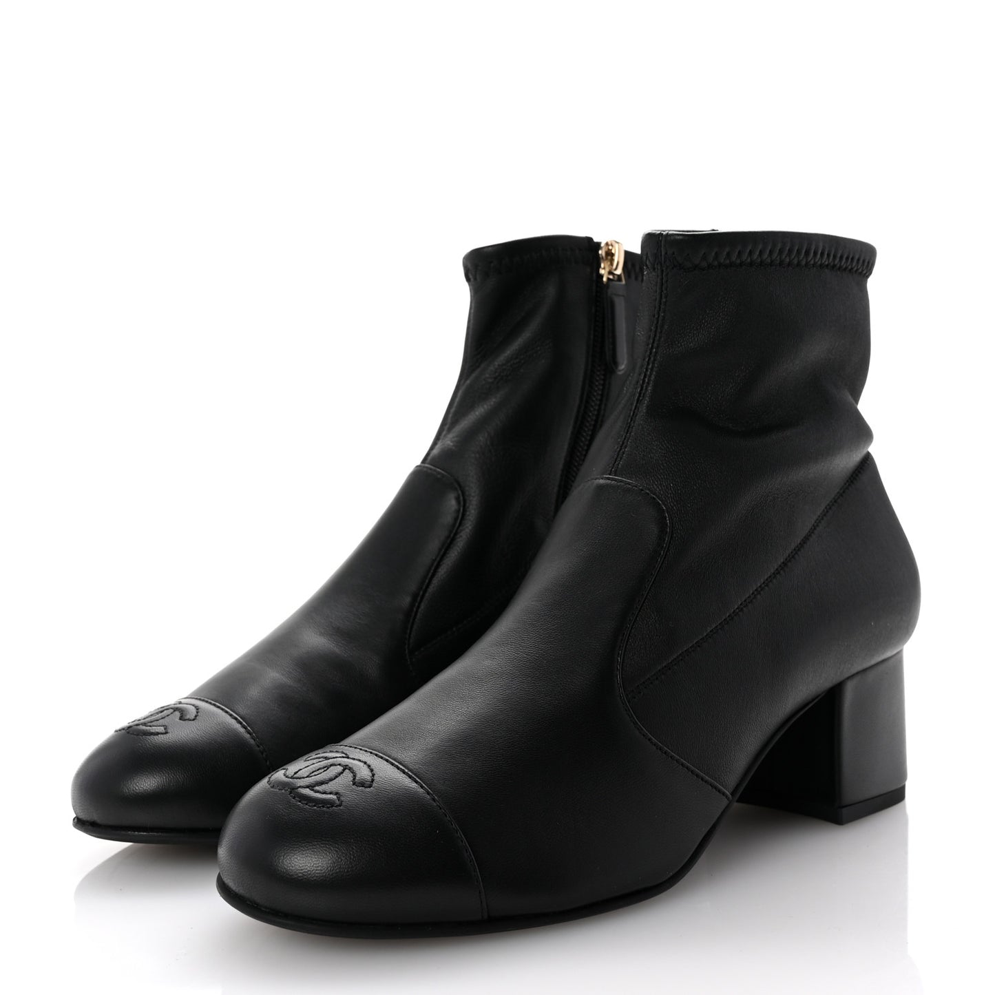 Stretch Lambskin Cap Toe CC Short Boots 37.5 Black