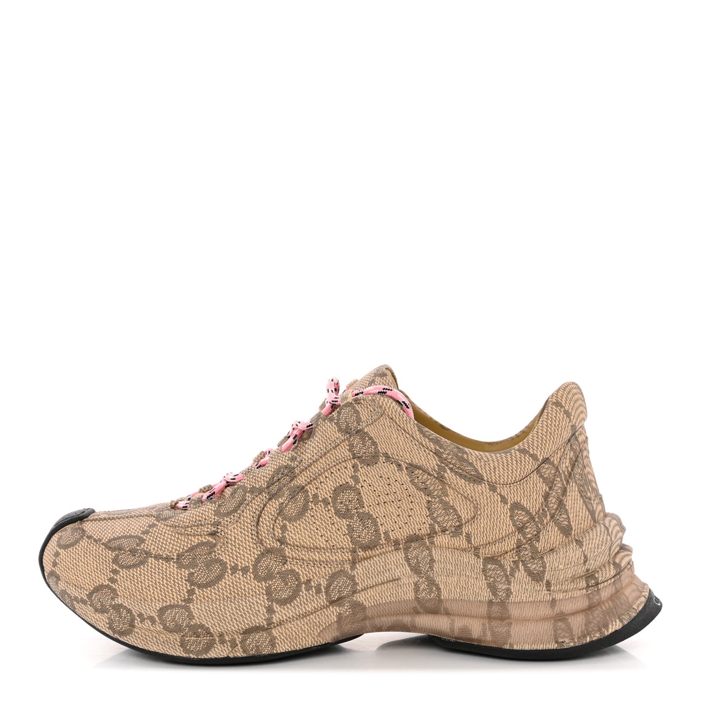 Ultralight Plume Calfskin Monogram Printed Womens Gucci Run Sneakers 38.5 Beige Ebony