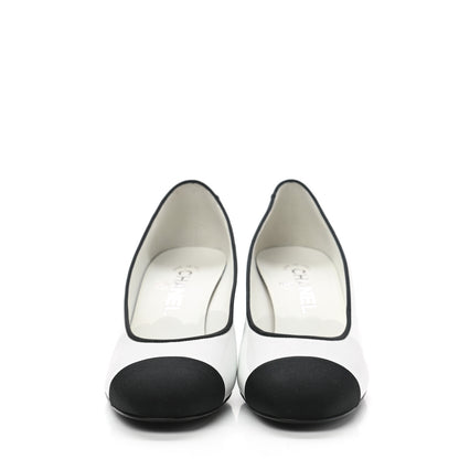 Chanel Laminated Lambskin Grosgrain Chain CC Cap Toe Pumps 37.5 White Black 2 of 10