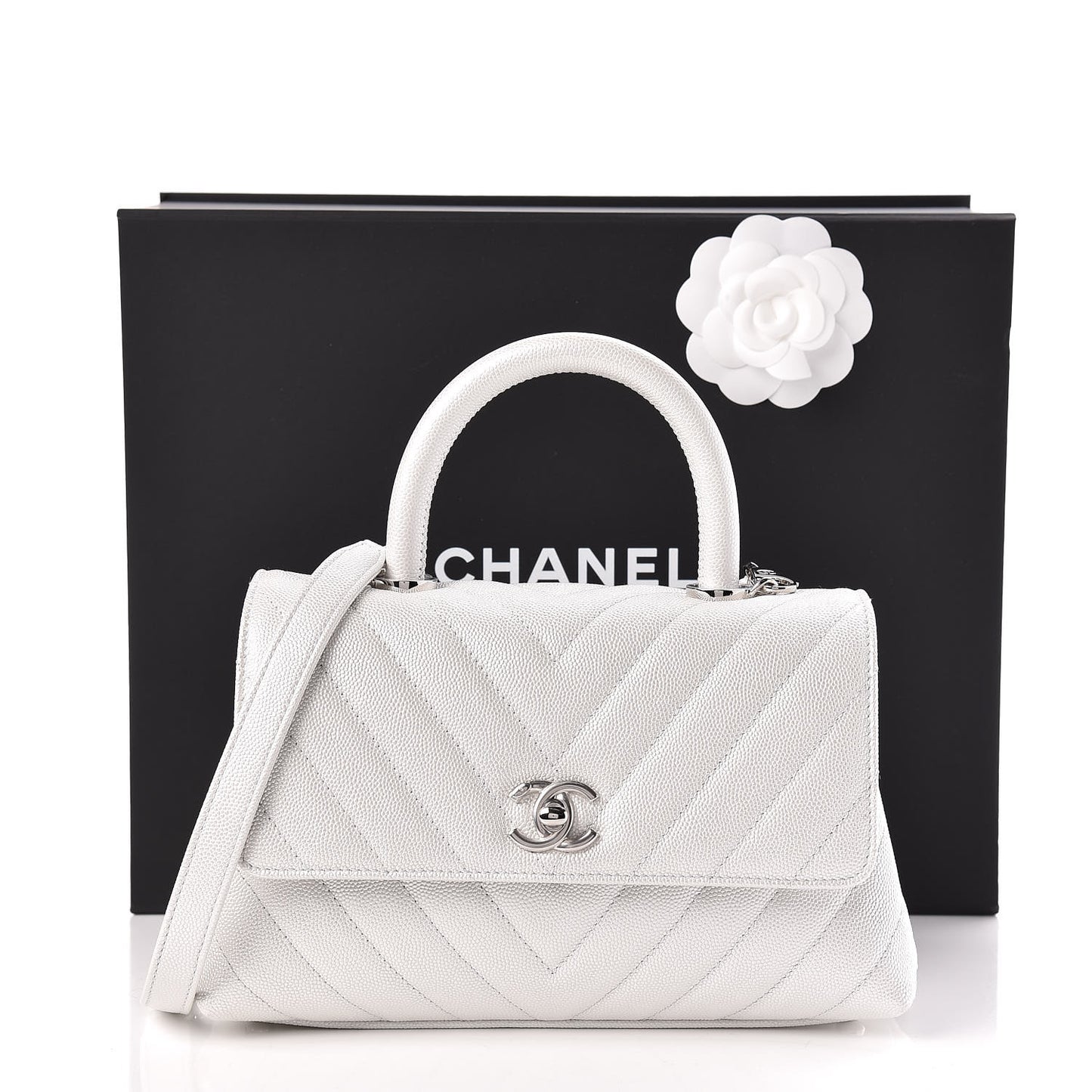 Iridescent Caviar Chevron Quilted Mini Coco Handle Flap White