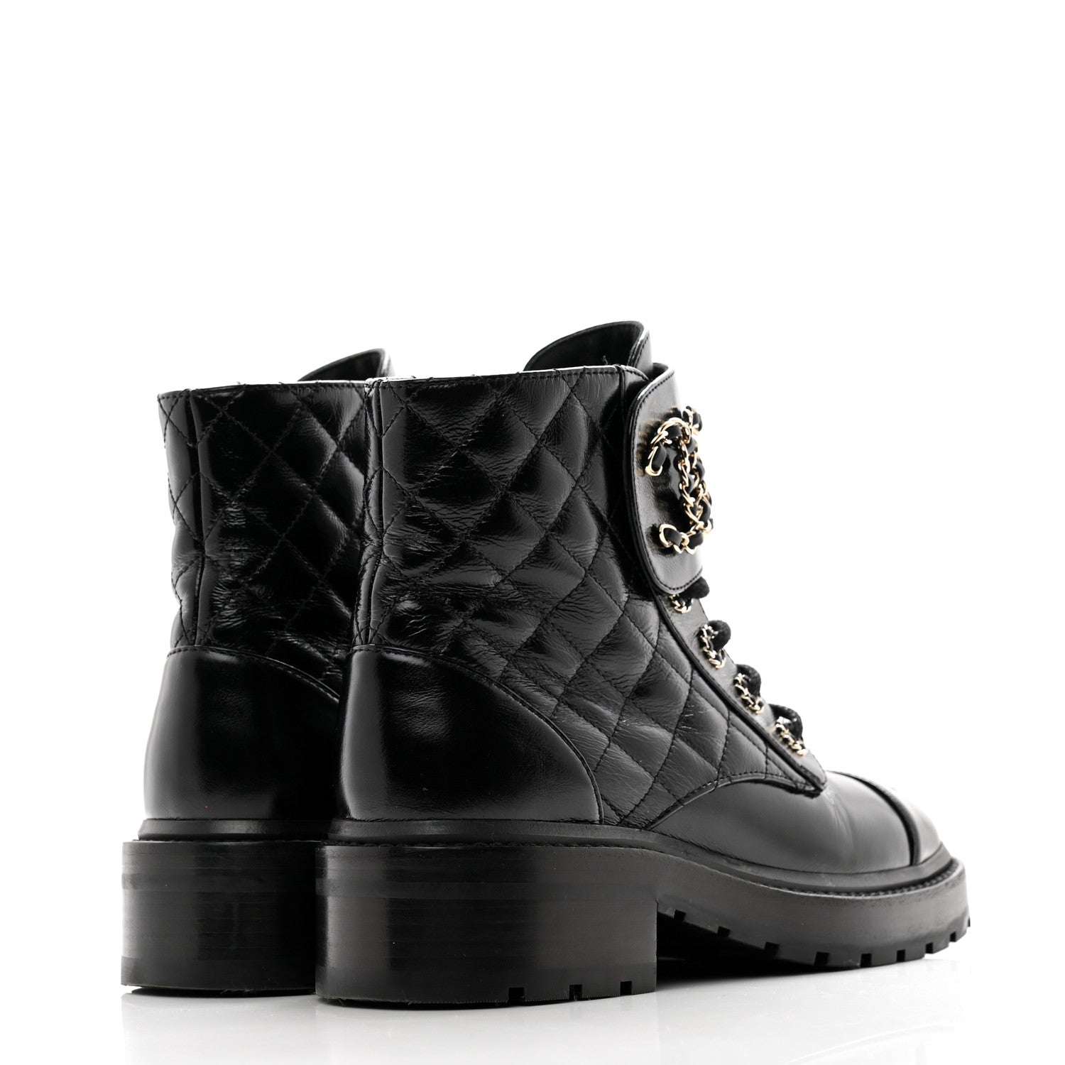 Chanel Shiny Calfskin Quilted Lace Up Combat Boots 36 Black 4 of 11