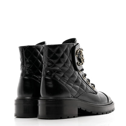 Chanel Shiny Calfskin Quilted Lace Up Combat Boots 36 Black 4 of 11