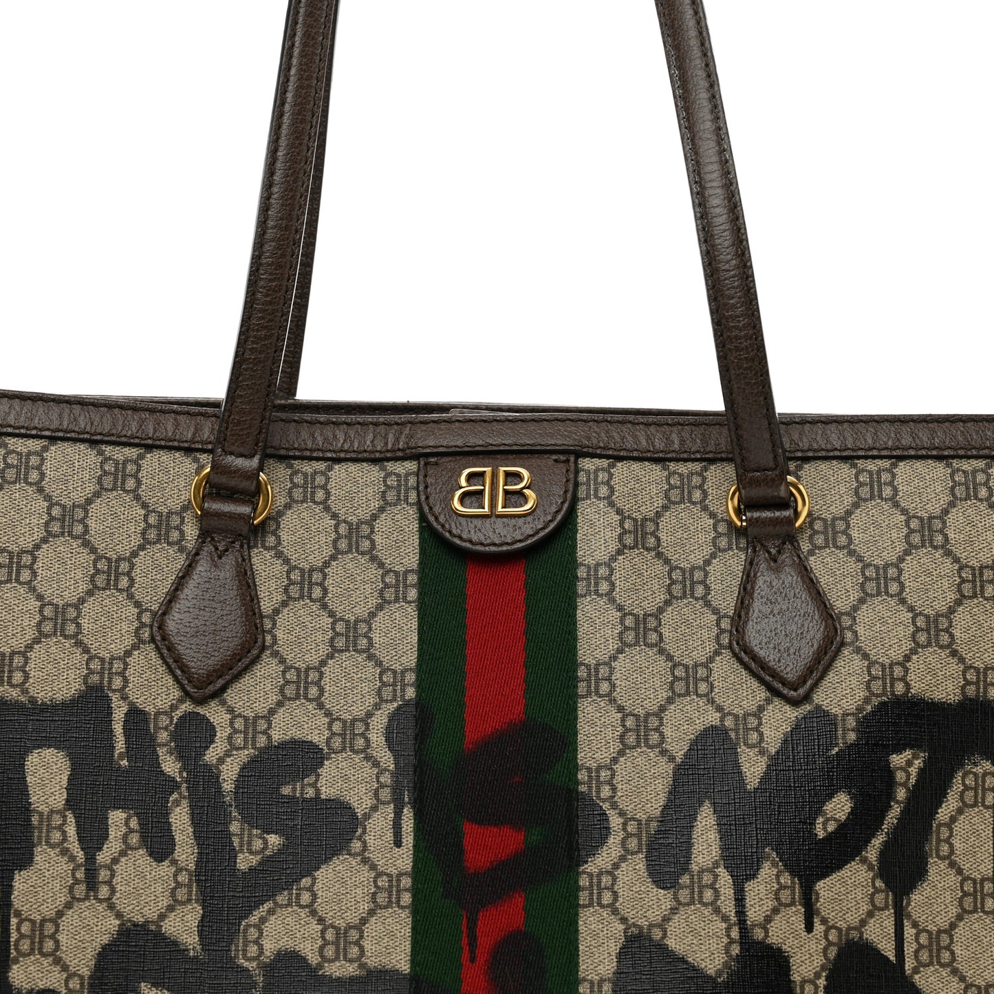 X BALENCIAGA BB Supreme Monogram Web Graffiti Medium Ophidia Shopping Tote Beige New Acero