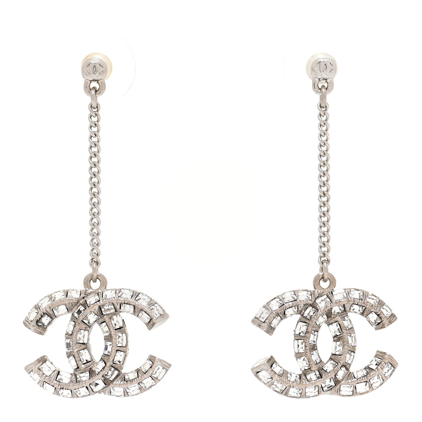 Baguette Crystal CC Drop Earrings Silver