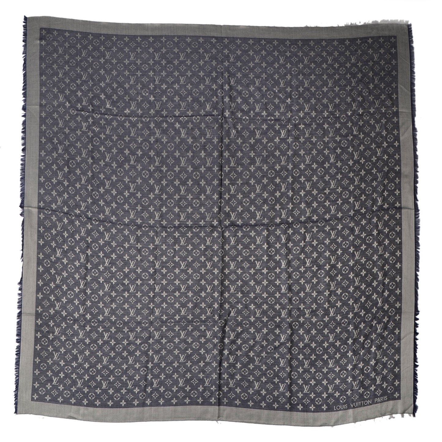 Wool Silk Monogram Denim Shawl Blue