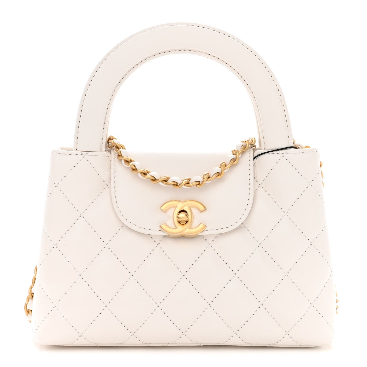 Shiny Aged Calfskin Quilted Nano Kelly Shopper White