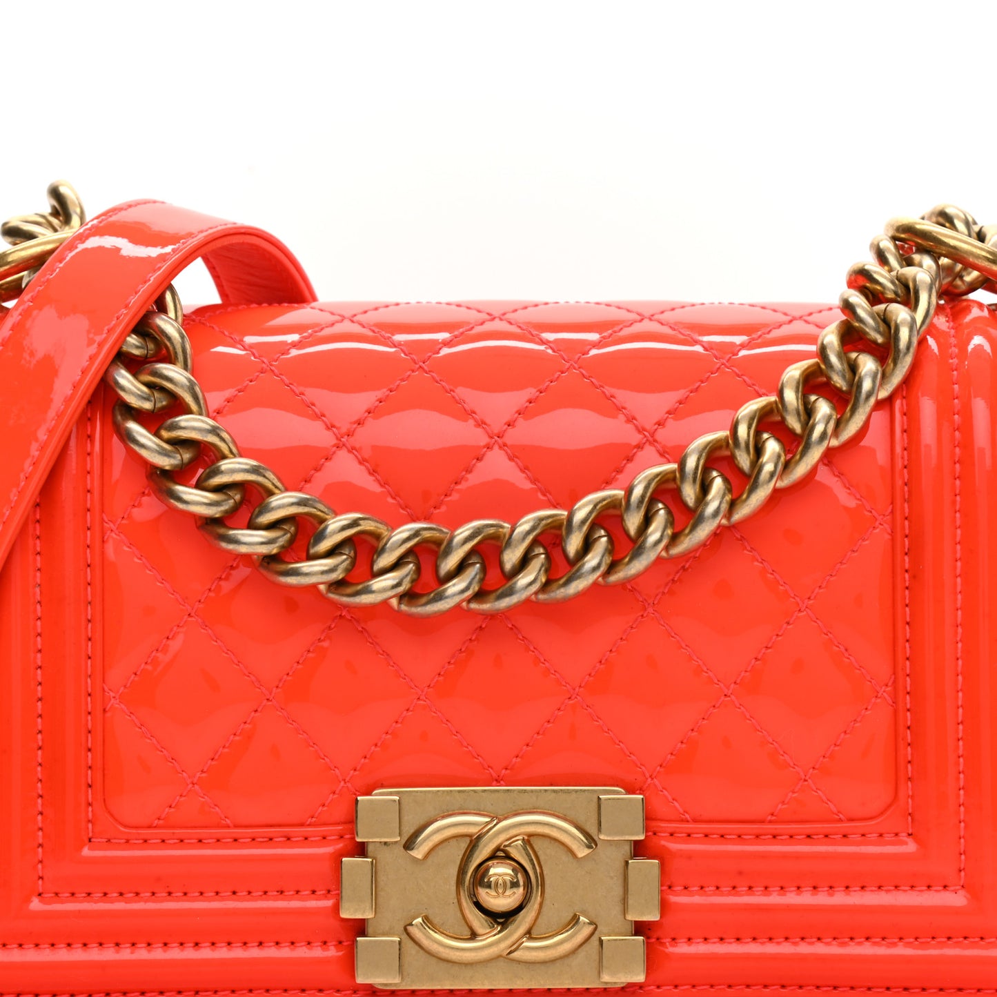 Patent Calfskin Quilted Small Boy Flap Orange