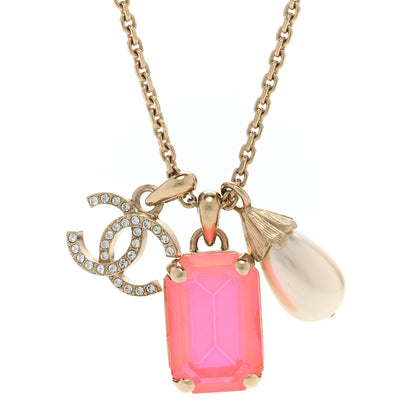 Chanel Metal Crystal Pearl CC Necklace Gold Pink 4 of 6