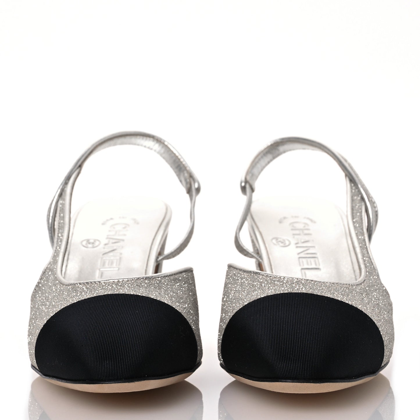 Glitter Grosgrain Cap Toe CC Slingback Pumps 37 Silver Black