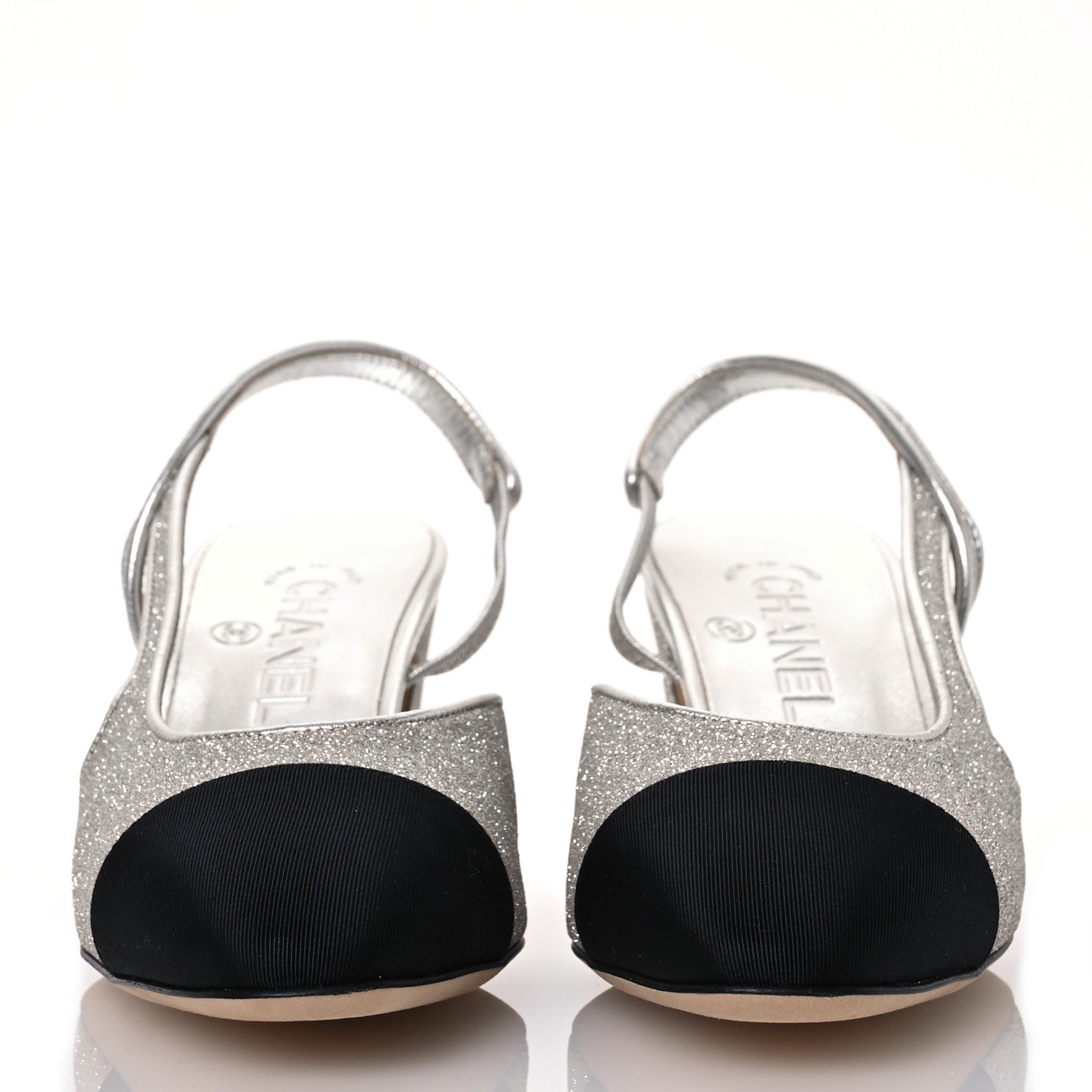 Chanel Glitter Grosgrain Cap Toe CC Slingback Pumps 37 Silver Black 2 of 10