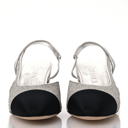 Chanel Glitter Grosgrain Cap Toe CC Slingback Pumps 37 Silver Black 2 of 10