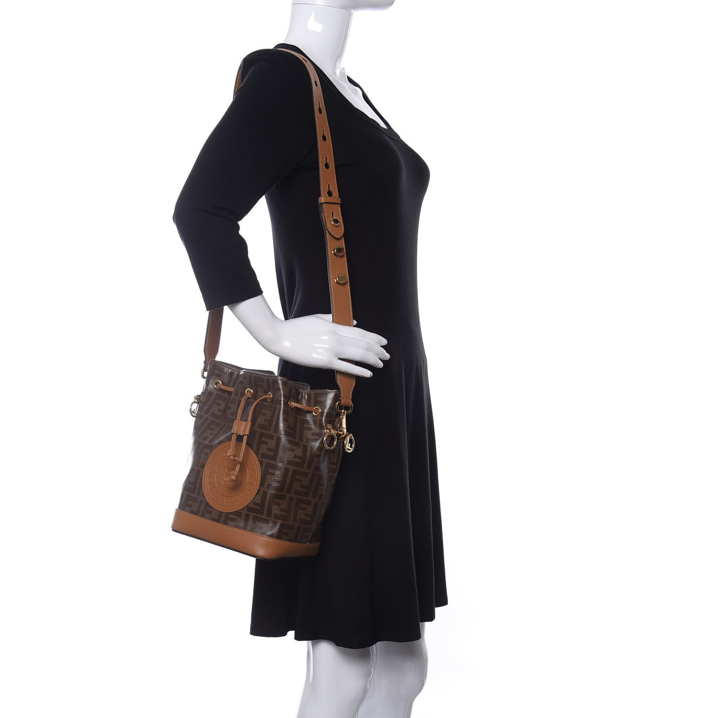 Glazed Fabric Vitello Grace F is Fendi FF 1974 Stamp Patch Grande Mon Tresor Bucket Bag Mogano Panna Nocciola
