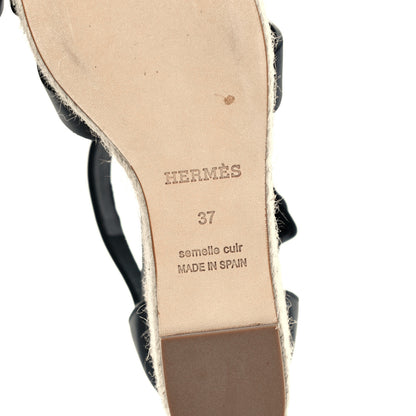 Hermes Calfskin Doll 60 Espadrille Wedge Sandals 37 Black 8 of 10