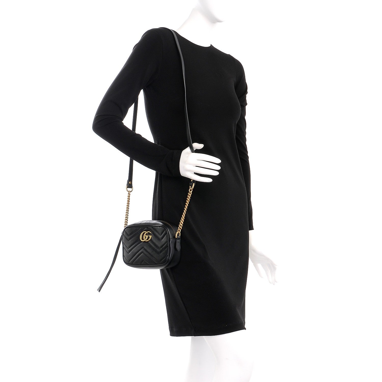 Gucci Calfskin Matelasse Mini GG Marmont Chain Shoulder Bag Black 2 of 8