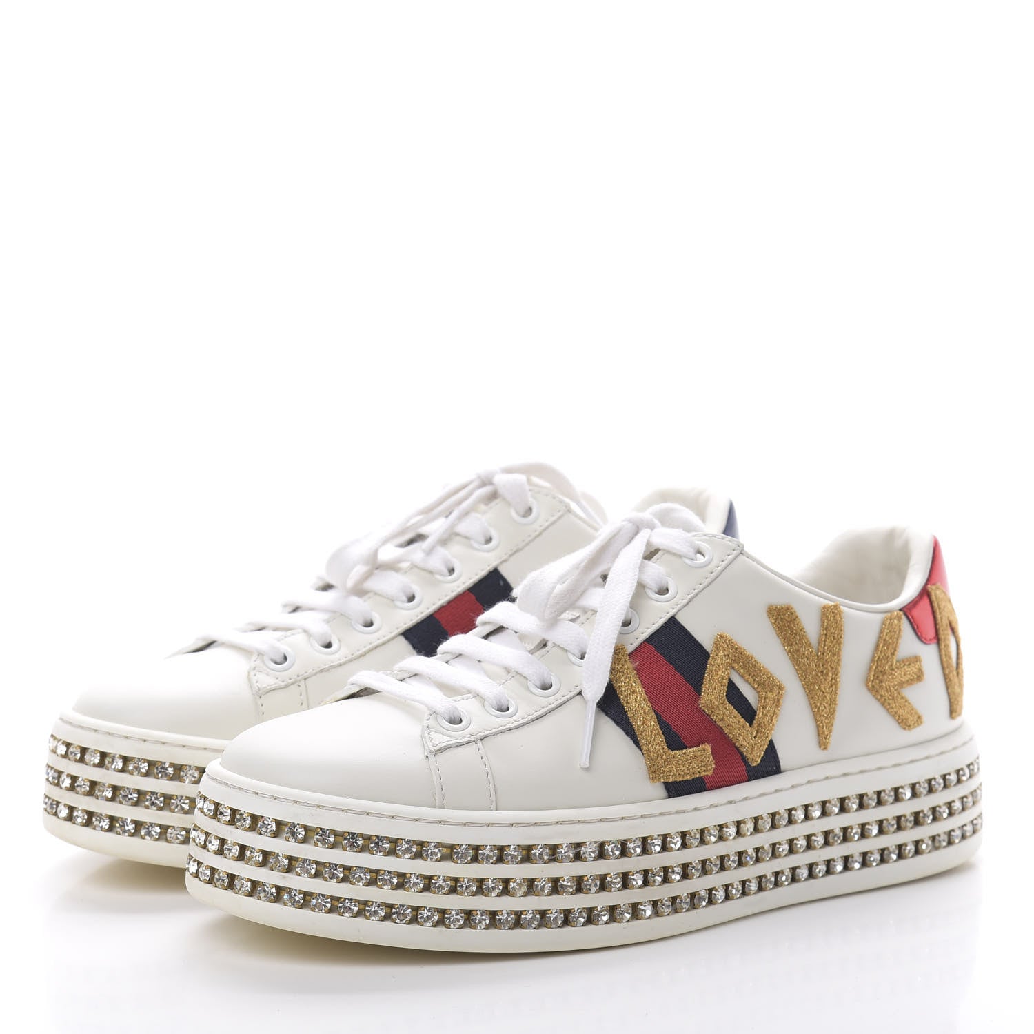 Gucci Calfskin Crystal Web LOVED Embroidered Womens Ace Platform Sneakers 36 White Red Flame Notte 3 of 11