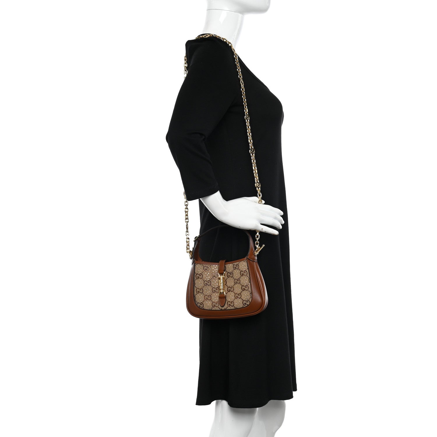 Gucci New Canvas Charisma Calfskin Crystal GG Monogram Mini Jackie 1961 Hobo Camel Ebony 2 of 9