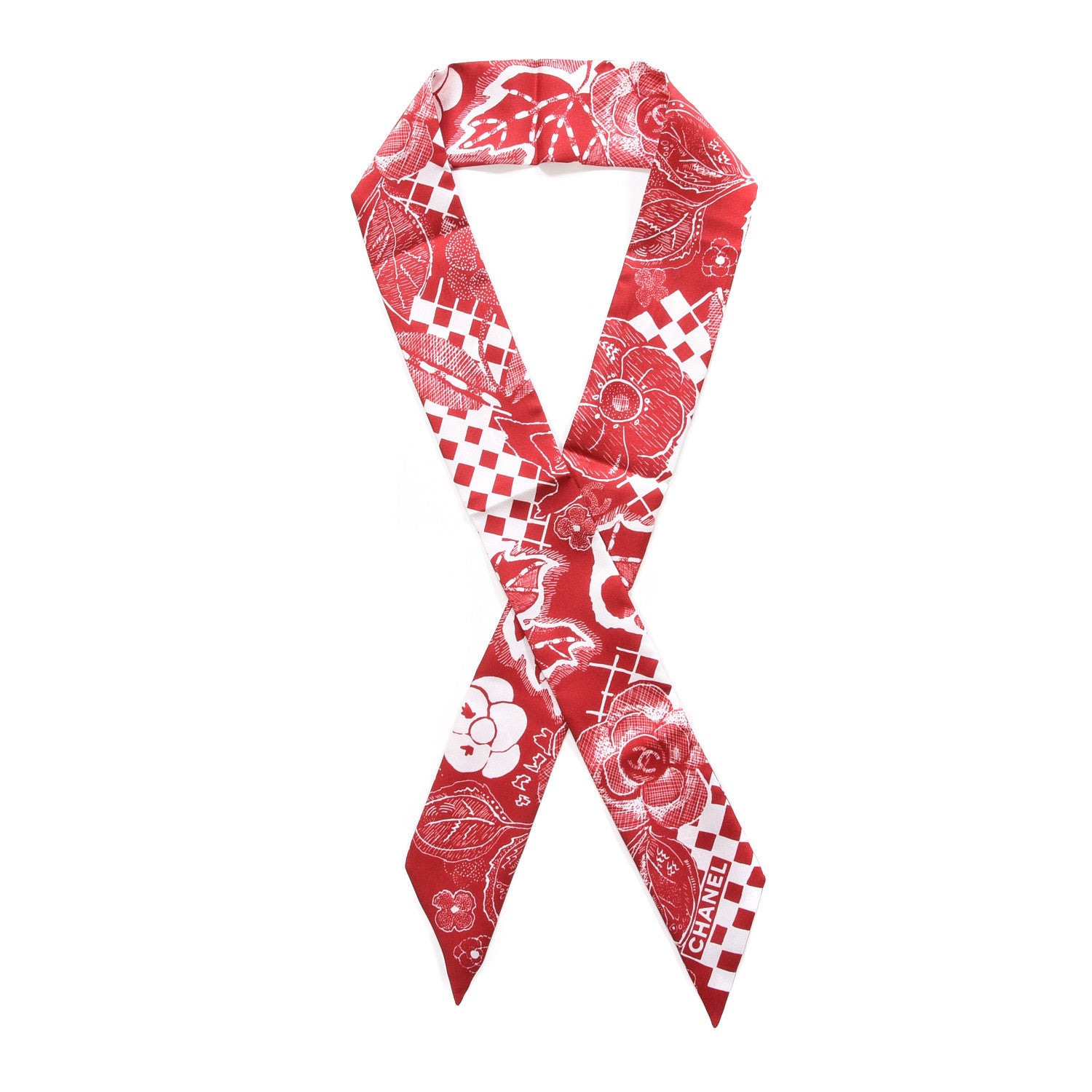 Chanel Silk CC Slim Floral Bandeau Scarf Red 1 of 4